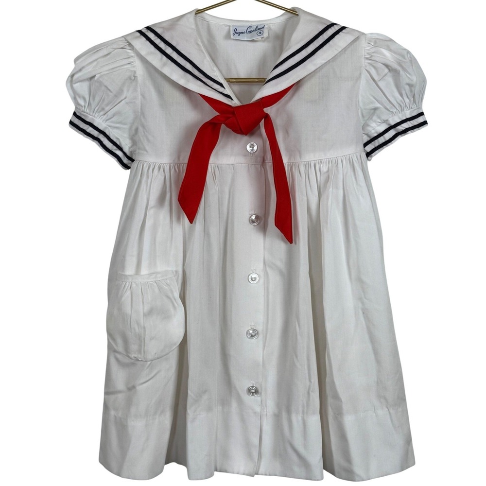 Vintage Jayne Copeland Girls 4 Sailor Dress White Nautical Red Tie Puff Sleeve